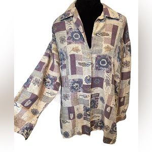 Stunt Vintage Silk Geometric Patchwork Autumn Fall Leaf Floral Button Up Top